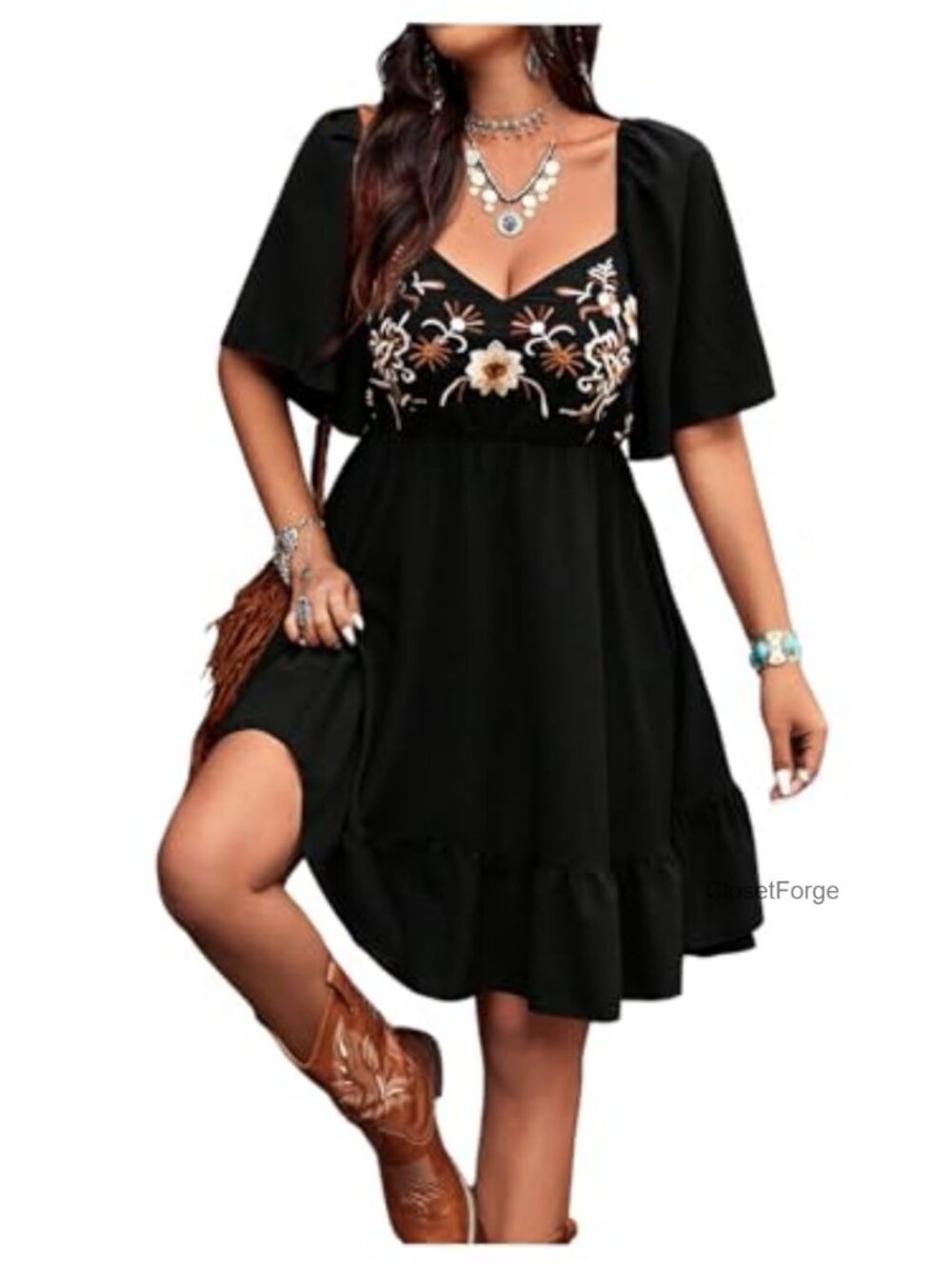 Women's Boho Western Cowgirl Dress Floral Embroidered Sweetheart Neck Ruffle Hem